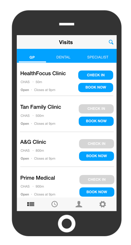 Visits page of a clinic queue & appointments app. Helps users check-in or book appointments at selected or nearby clinics.